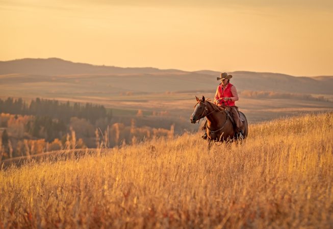 A cowgirl rides along the ride on a fall evening