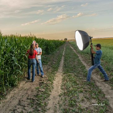 Commercial agriculture photo shoot in a corn crop using strobe lighting